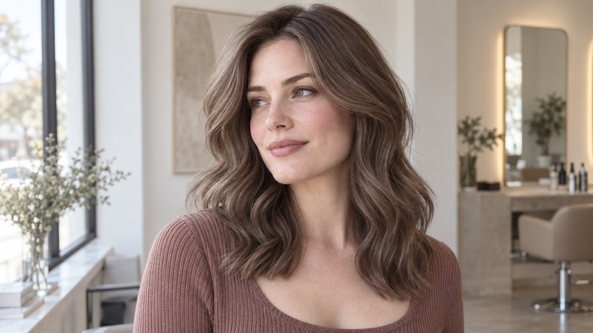 Woman with pink-leaning skin and dimensional mushroom brown hair beside a window