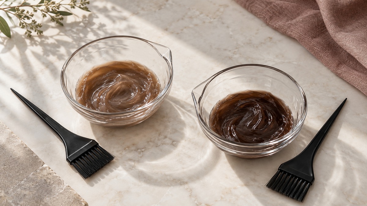 Two glass salon tint bowls holding different brown color gels, with a tint brush beside each
