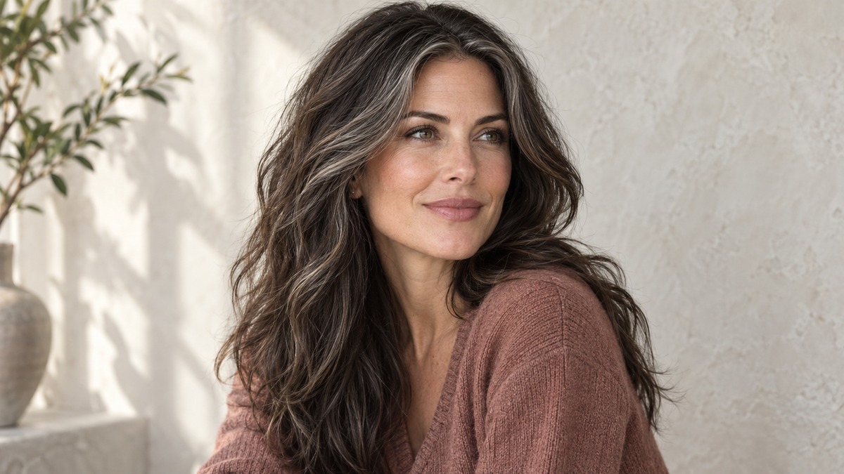 Dark brunette hair with fine silver and cool mocha ribbons in soft window daylight