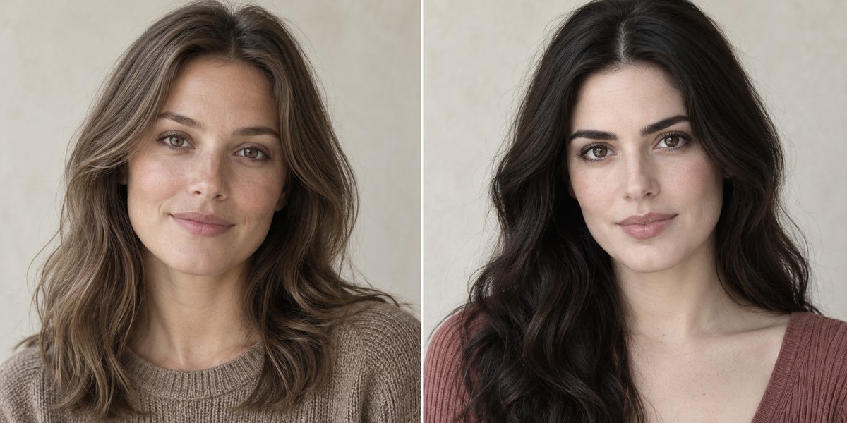 Side-by-side portraits comparing softer brown features with dark brows and deep espresso hair