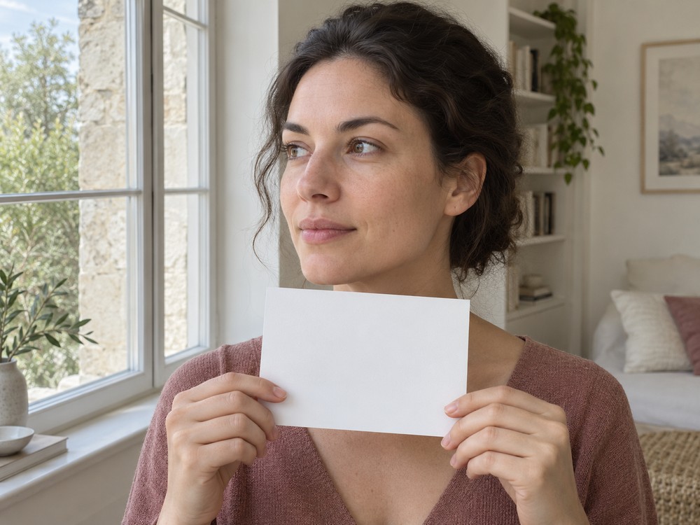 Woman holding a white card below her face beside a window in indirect daylight