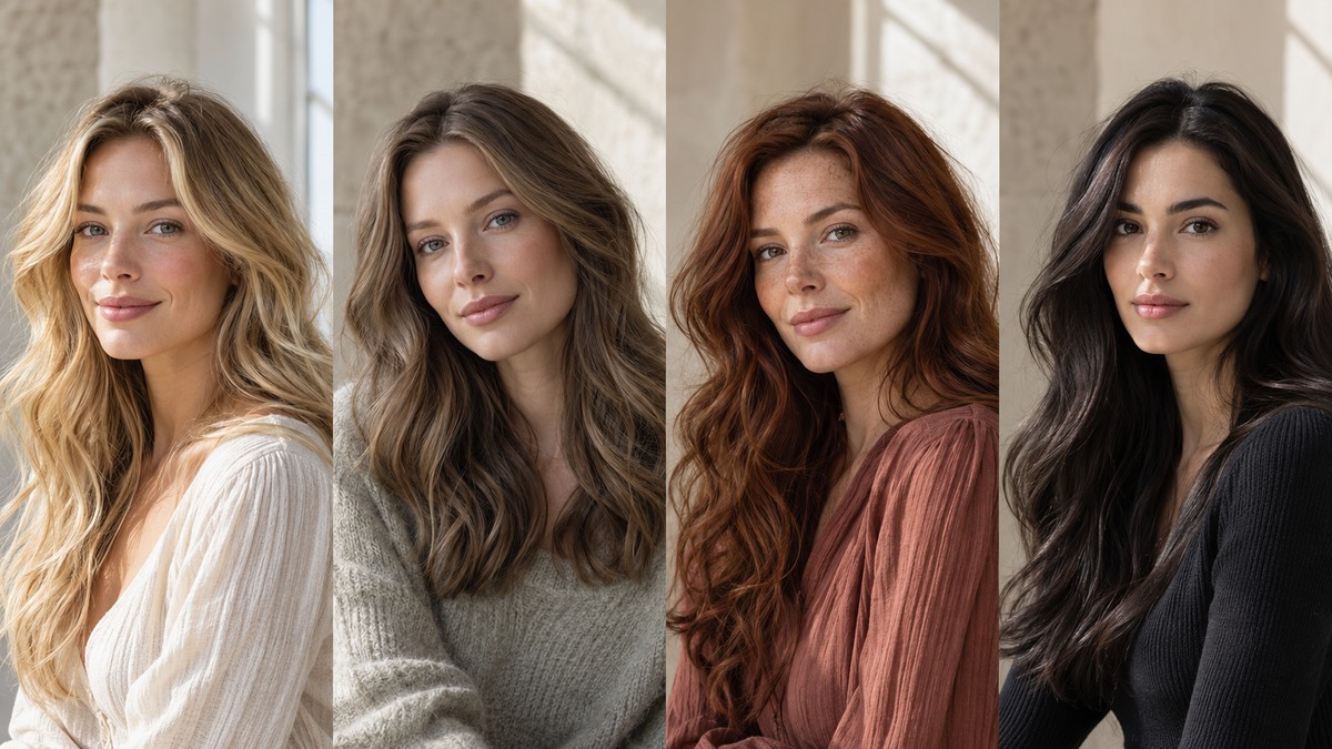 Four portraits showing golden blonde, soft ash brown, auburn, and deep espresso hair color directions