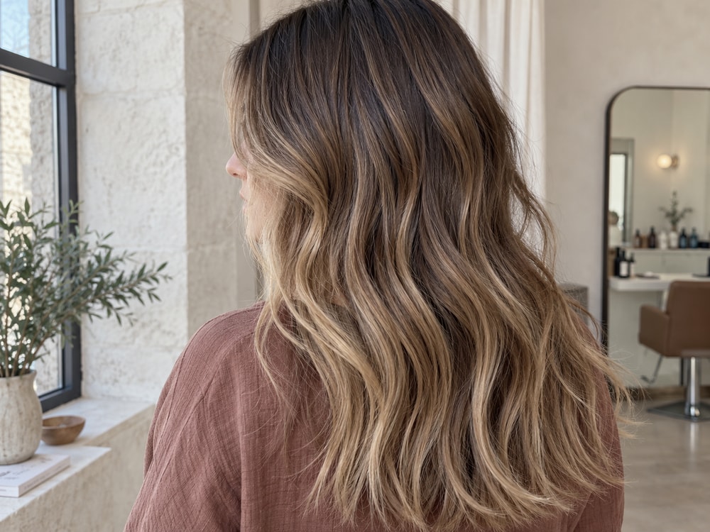 Lived-in bronde hair with deep natural roots blending into beige and caramel ribbons
