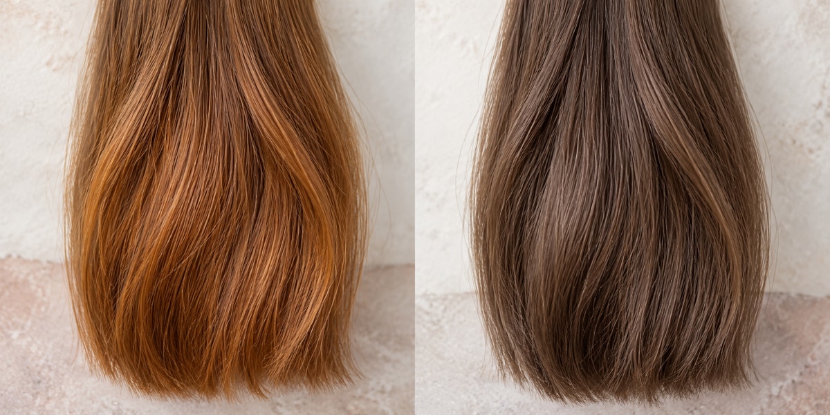 Side-by-side hair swatches comparing copper-orange warmth with a balanced cool mocha tone