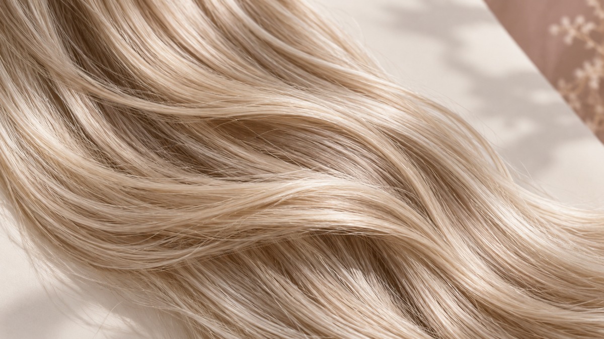Glossy beige-blonde hair strands with subtle pearl tones in soft daylight