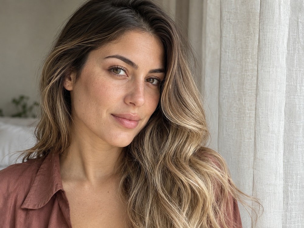 Olive complexion with a deeper brown root blending into beige-caramel bronde lengths