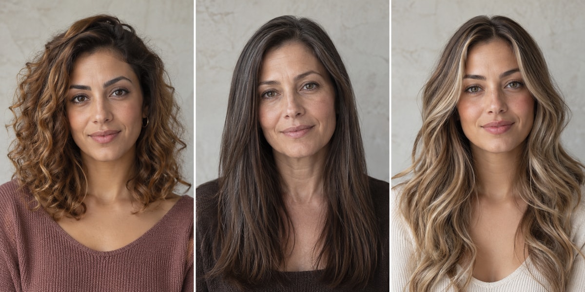 Three examples of olive complexions paired with golden chestnut, mushroom brown, and creamy bronde hair