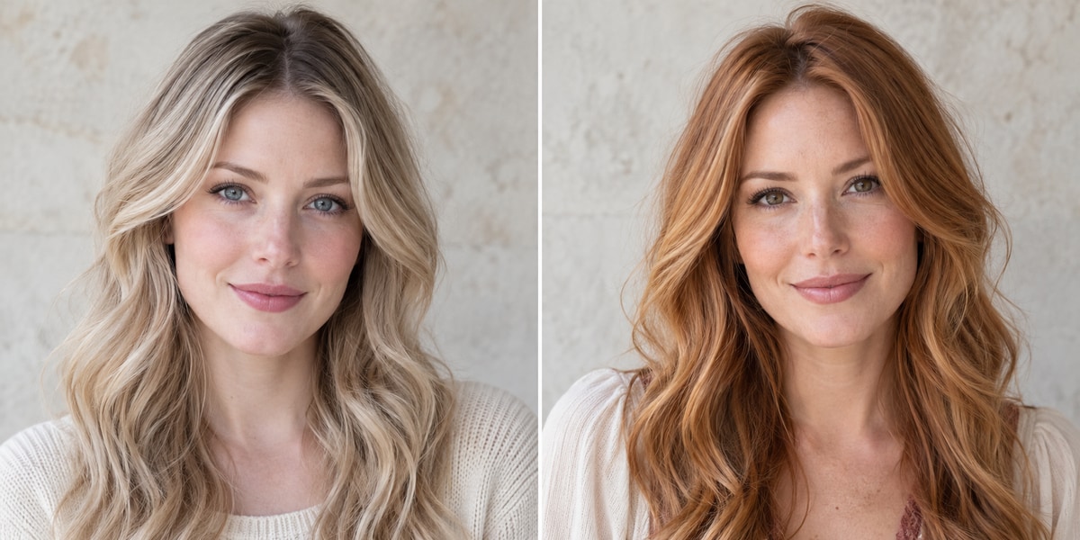 Two fair-skinned women shown side by side with soft ash blonde and light copper hair