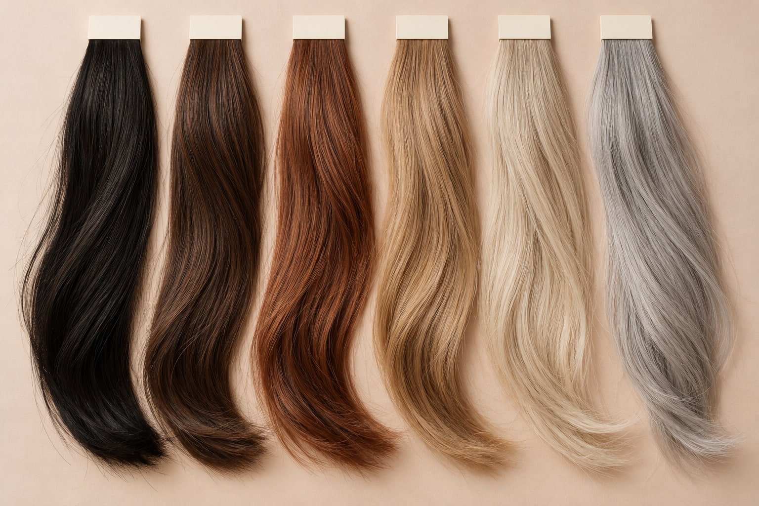 Hair sample tresses in brunette, copper, blonde, and silver shades