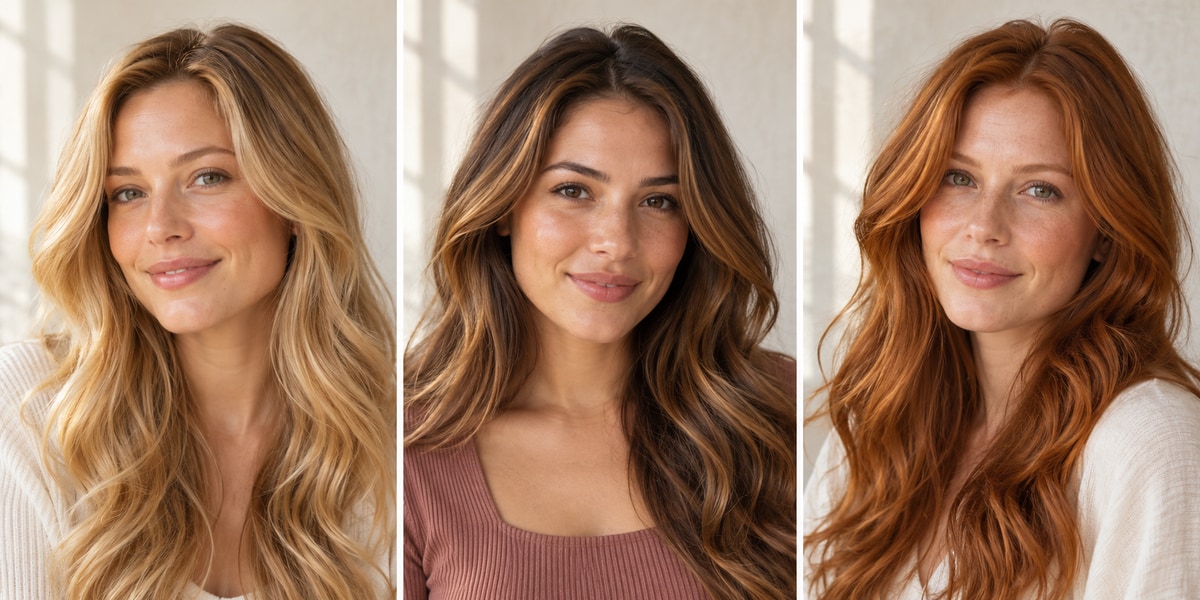 Three women shown with honey blonde, caramel brunette, and spiced copper hair in matched daylight